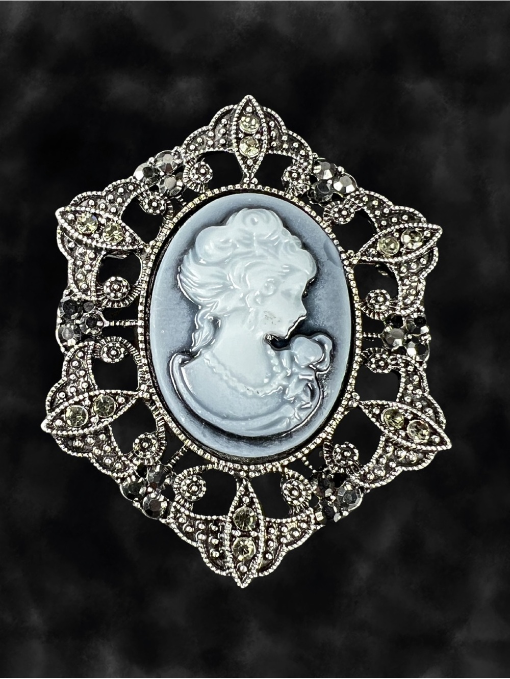 Vintage Inspired Gray Cameo Brooch Silver Tone Rhinestone Victorian 2 in
